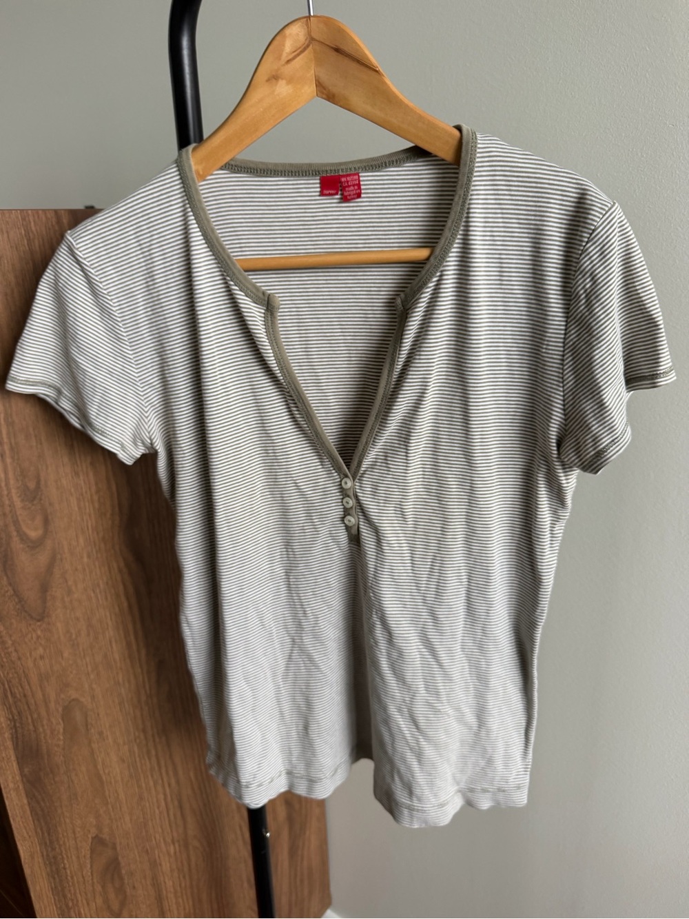 Esprit Striped Olive & White Henley Short Sleeve T-Shirt Size M